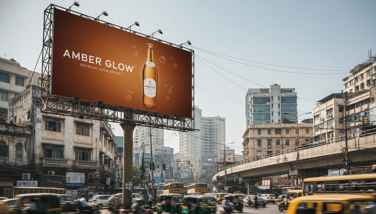 Рекламный щит на городской улице с изображением стакана газированной воды в стиле известного бренда