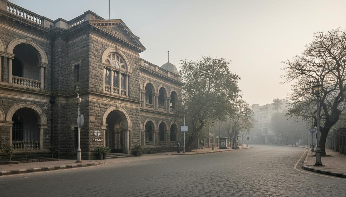 Фасад исторического здания штаб-квартиры Tata Group из резного камня в Мумбаи на пустой улице