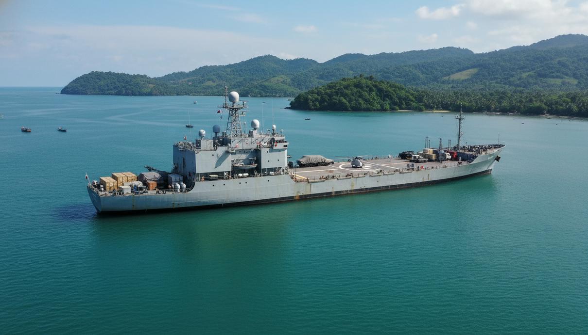 Крупное военное судно серого цвета на стоянке в морской гавани на фоне зеленых холмов