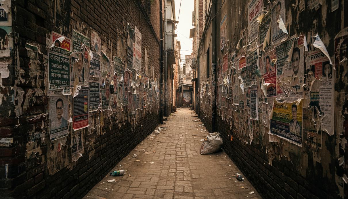 Кирпичная стена на узкой улице Дакки, заклеенная многочисленными слоями сорванных предвыборных плакатов.