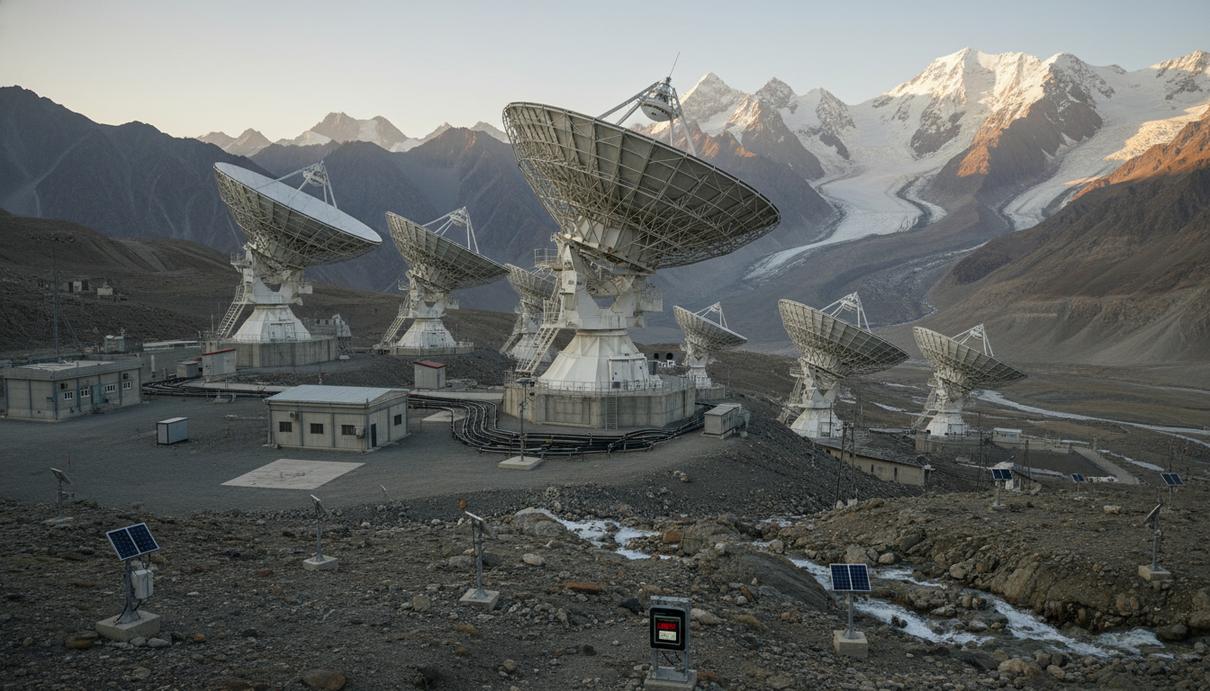 Спутниковые антенны на фоне заснеженных гор и ледников Пакистана
