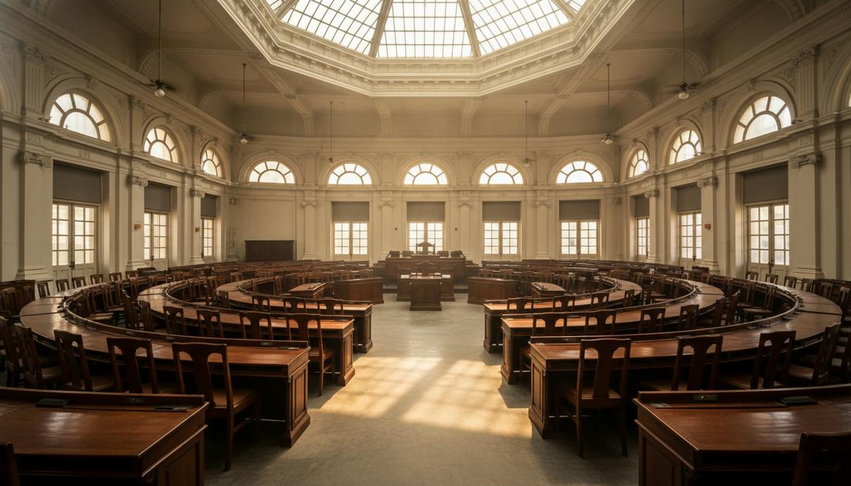 Интерьер пустого правительственного зала с рядами деревянных столов и солнечным светом из окон.