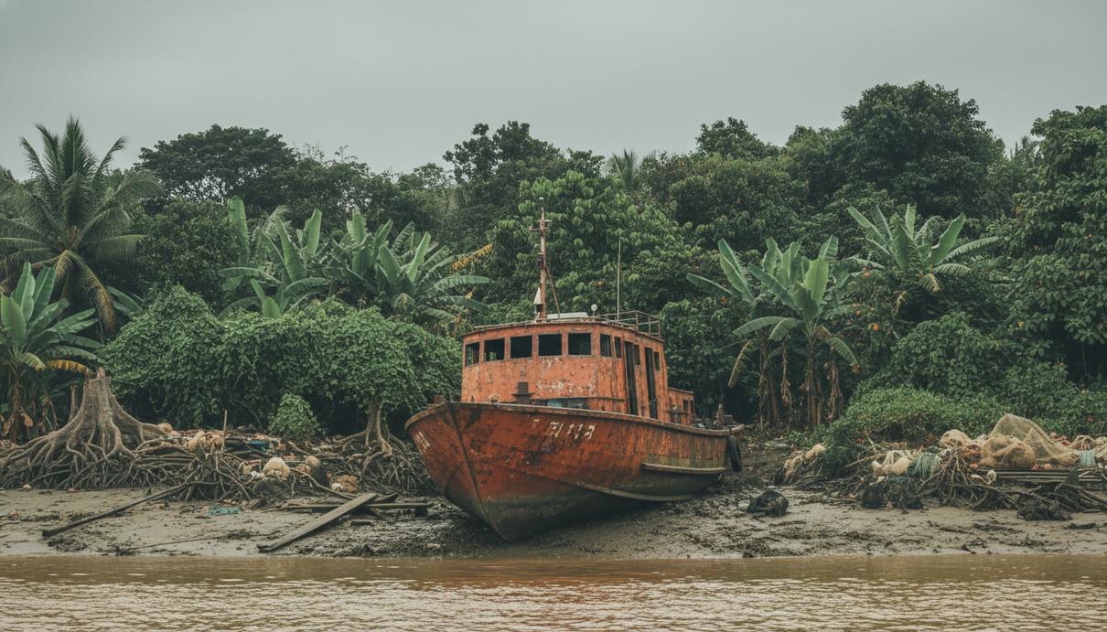 Ржавый патрульный катер на илистом берегу реки на фоне густых тропических зарослей