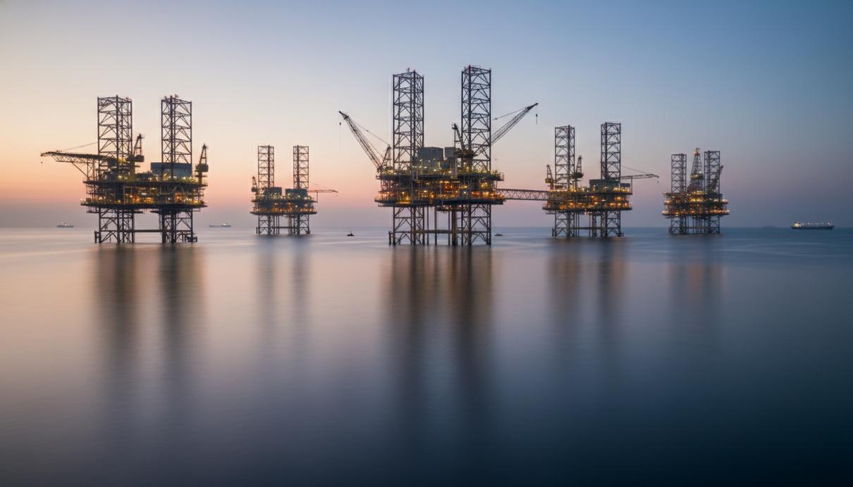 Промышленные платформы для добычи газа в открытом море Бенгальского залива в вечерних сумерках