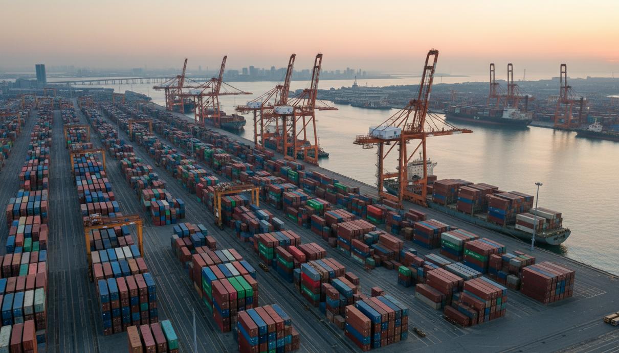 Морской грузовой терминал с рядами цветных контейнеров и портовыми кранами на фоне воды