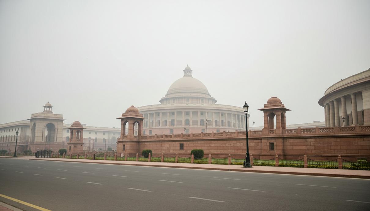Вид на здание парламента Индии в Нью-Дели с элементами каменной архитектуры на фоне неба