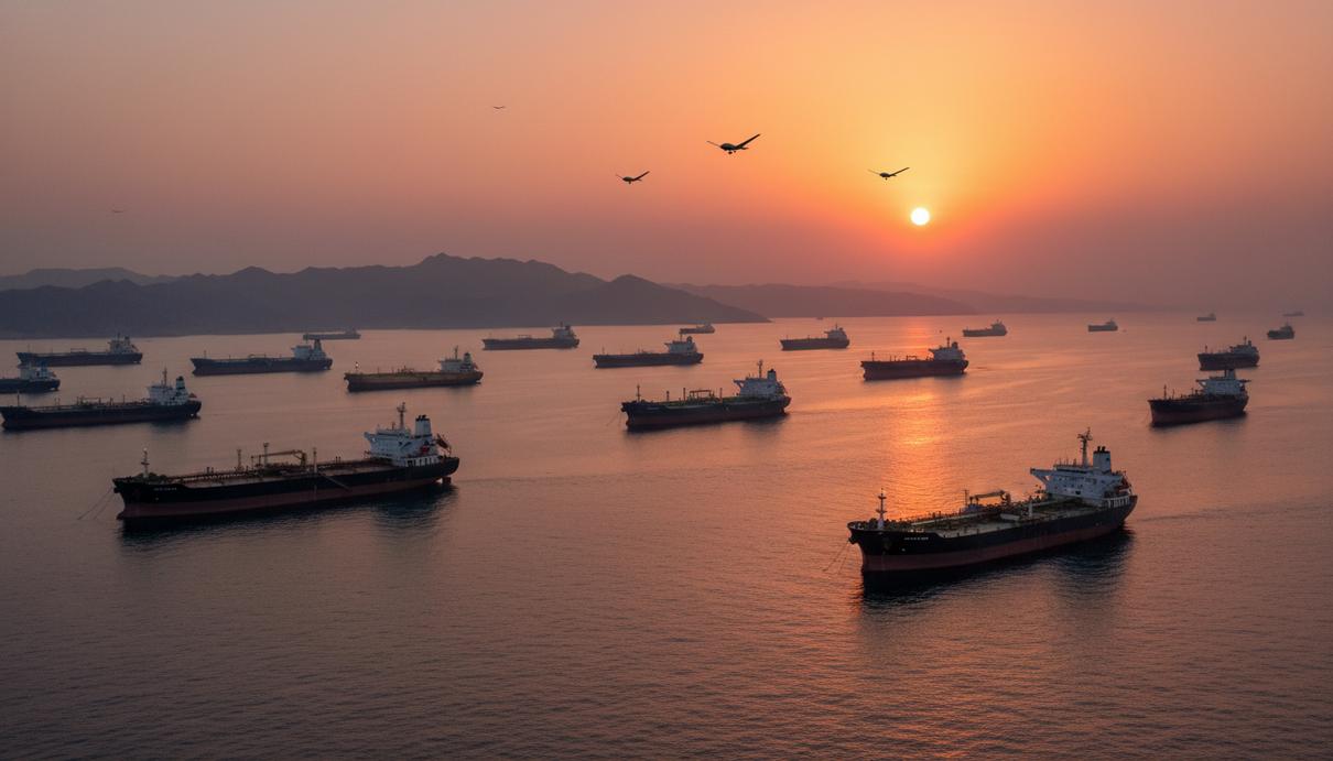 Грузовые танкеры в Ормузском проливе на фоне горного побережья и сумеречного неба.