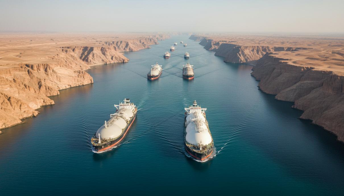 Крупные газовые танкеры в узком морском проливе на фоне высоких скалистых берегов.