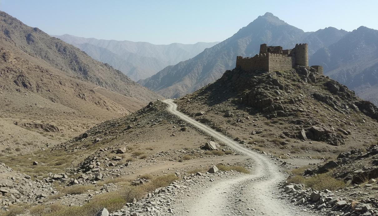 Каменное укрепление на скале и извилистая грунтовая дорога в засушливых горах Гиндукуша