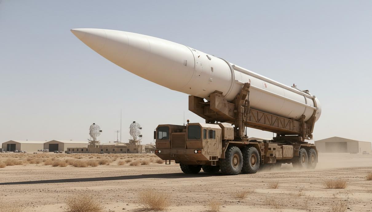 Белая баллистическая ракета на многоосном грузовом транспортере в пустынной местности на фоне ангаров.