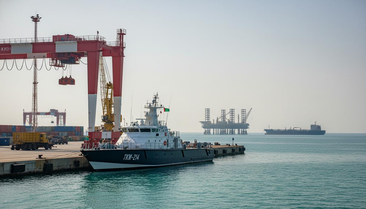 Патрульный катер у причальной стенки порта Туркменбаши на фоне индустриального пейзажа и моря.
