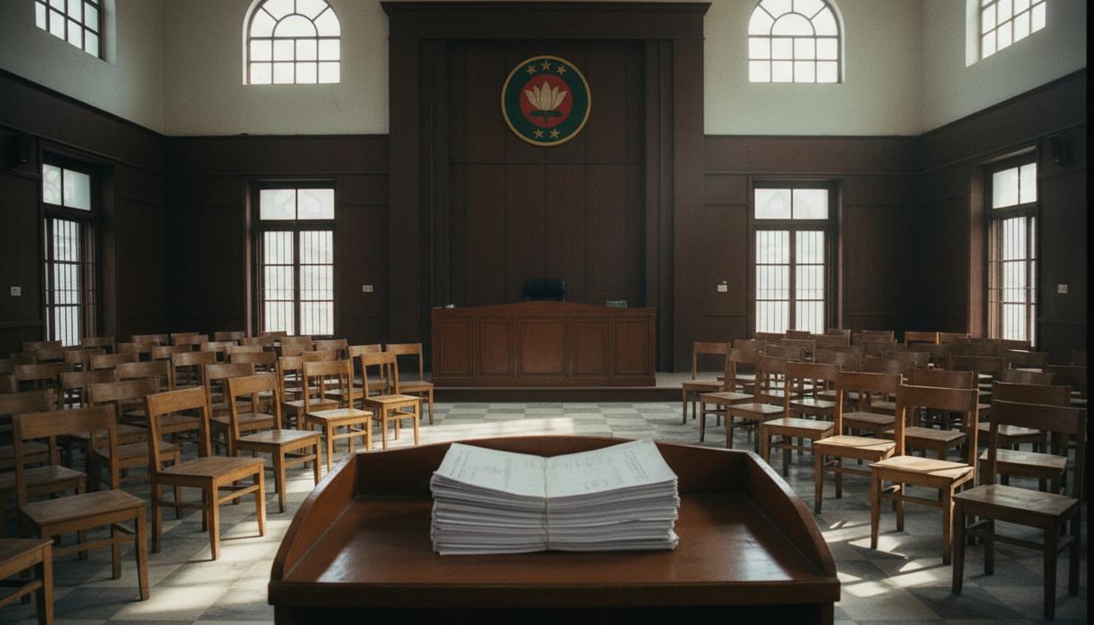 Пустой зал заседаний в Дакке с гербом Бангладеш на стене и стопкой бумаг на трибуне.