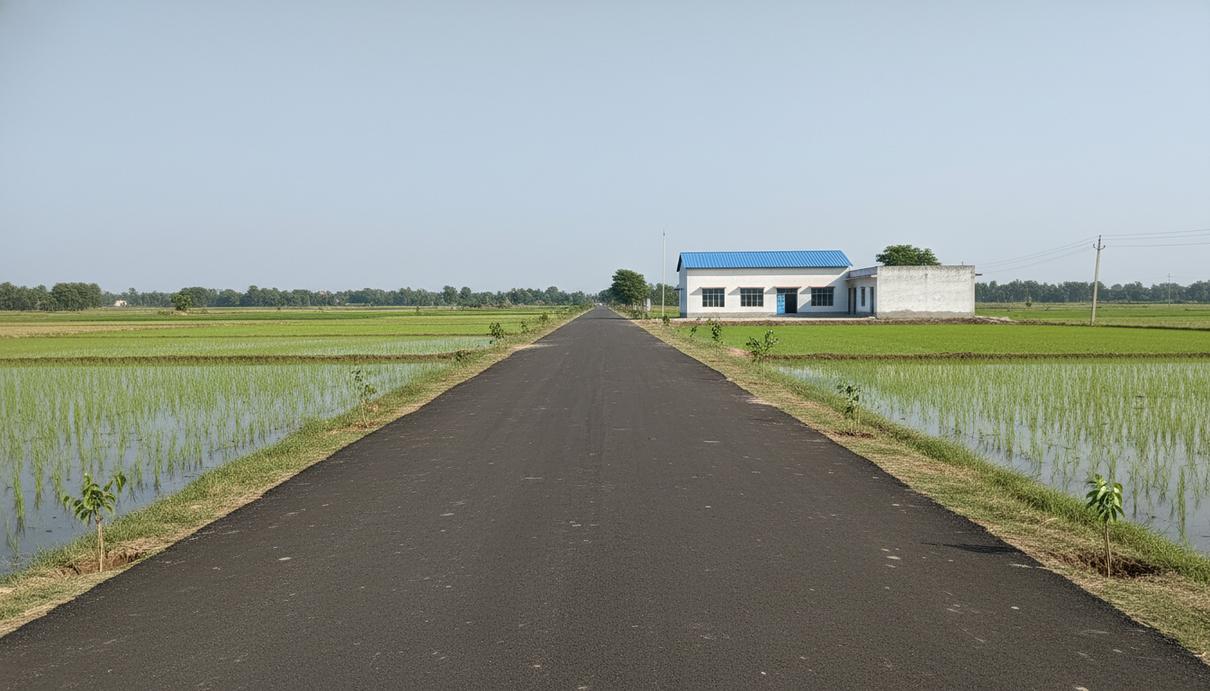 Асфальтированная дорога в сельской местности Индии, ведущая к небольшому зданию школы среди зеленых полей.