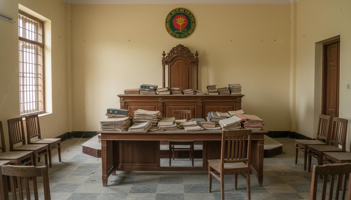 Пустой зал судебных заседаний в Бангладеш с деревянной мебелью, национальным гербом и стопками документов.
