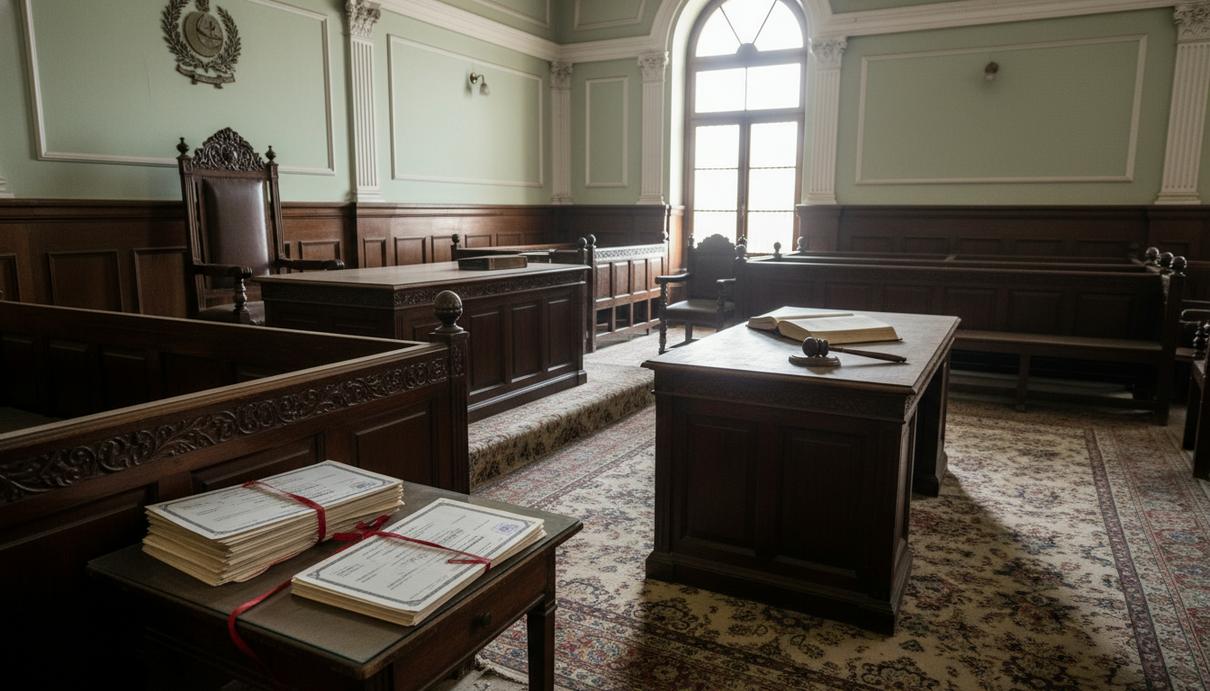 Пустой зал пакистанского суда с деревянными скамьями, судейским молотком и стопкой бумаг на столе