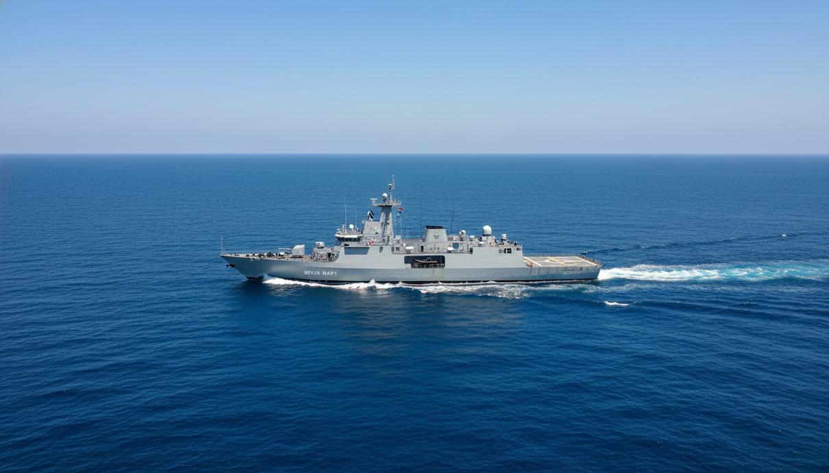Индийский военный корабль в открытом море на фоне голубого неба