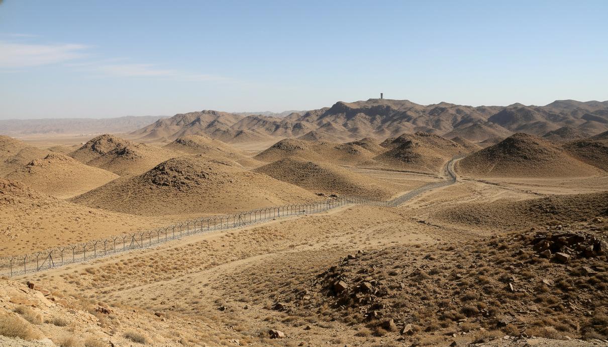 Горный пейзаж на границе Пакистана и Афганистана с пограничным забором и охранной вышкой на склоне холма.