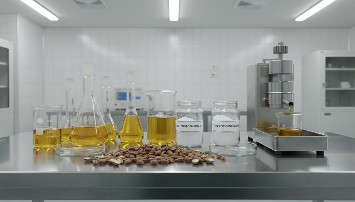 Стеклянные колбы с маслом, емкости с порошком и семена клещевины на металлическом столе в лаборатории.