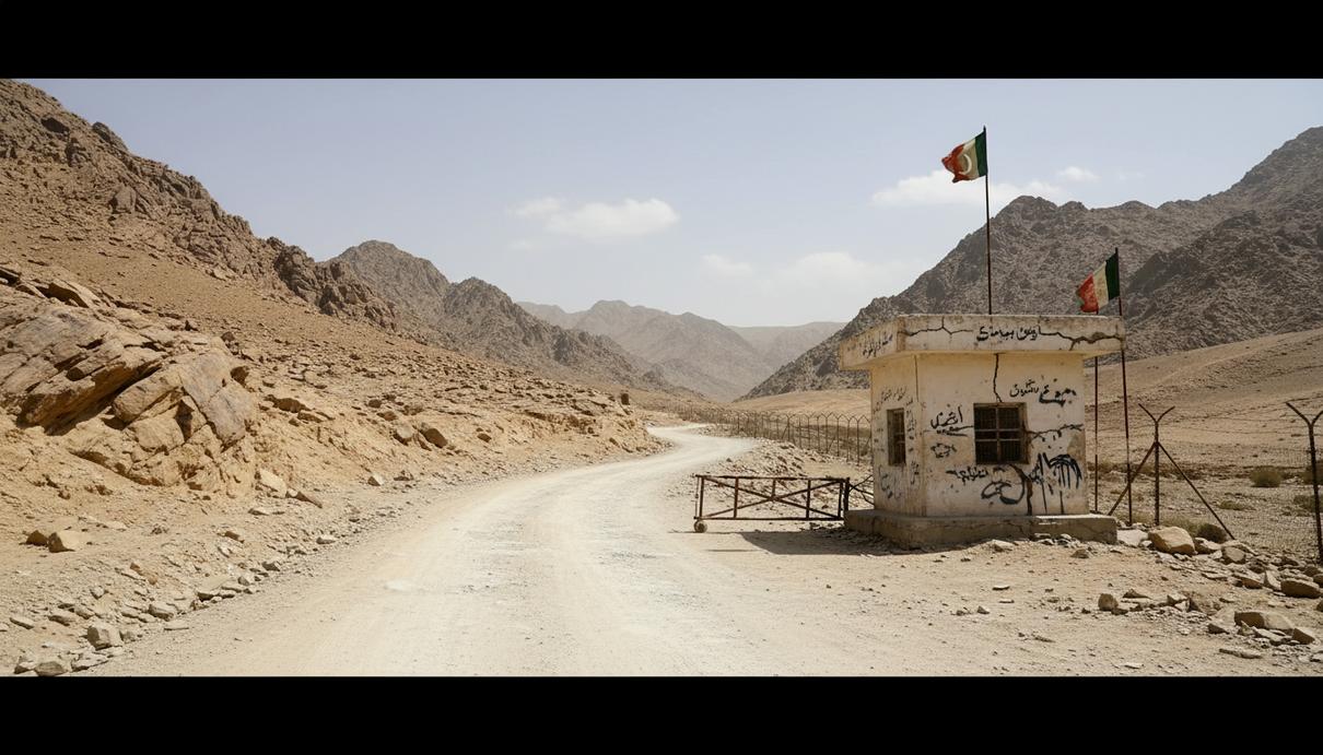 Горный перевал на границе с пыльной дорогой, скалистым ландшафтом и бетонным пограничным столбом.