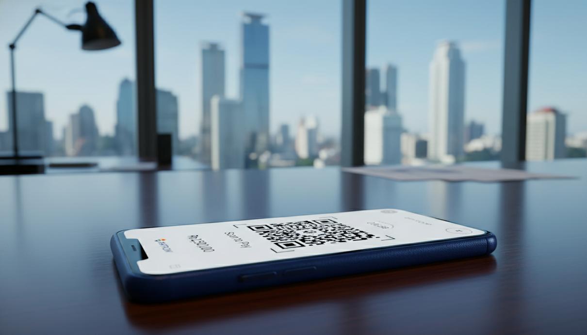 Смартфон с QR-кодом на экране на столе на фоне панорамы современного города с небоскребами