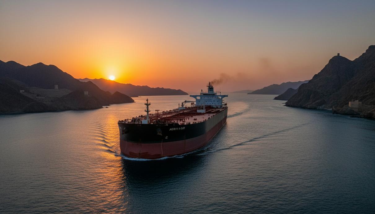 Морской танкер проходит через узкий пролив между горными берегами в лучах закатного солнца