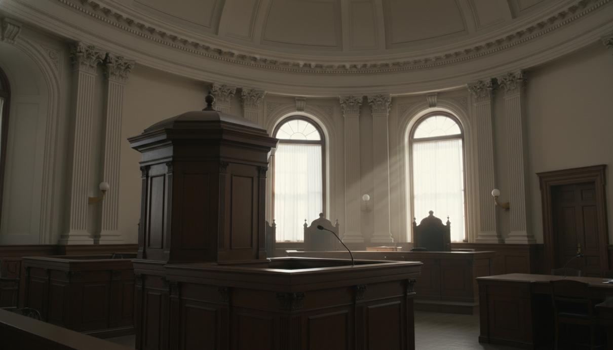 Пустая деревянная трибуна для свидетелей в старом зале судебных заседаний с высокими окнами.