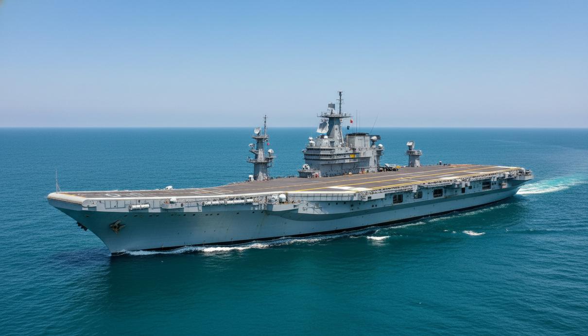 Авианосец Викрант с плоской палубой и антеннами радаров в открытом море