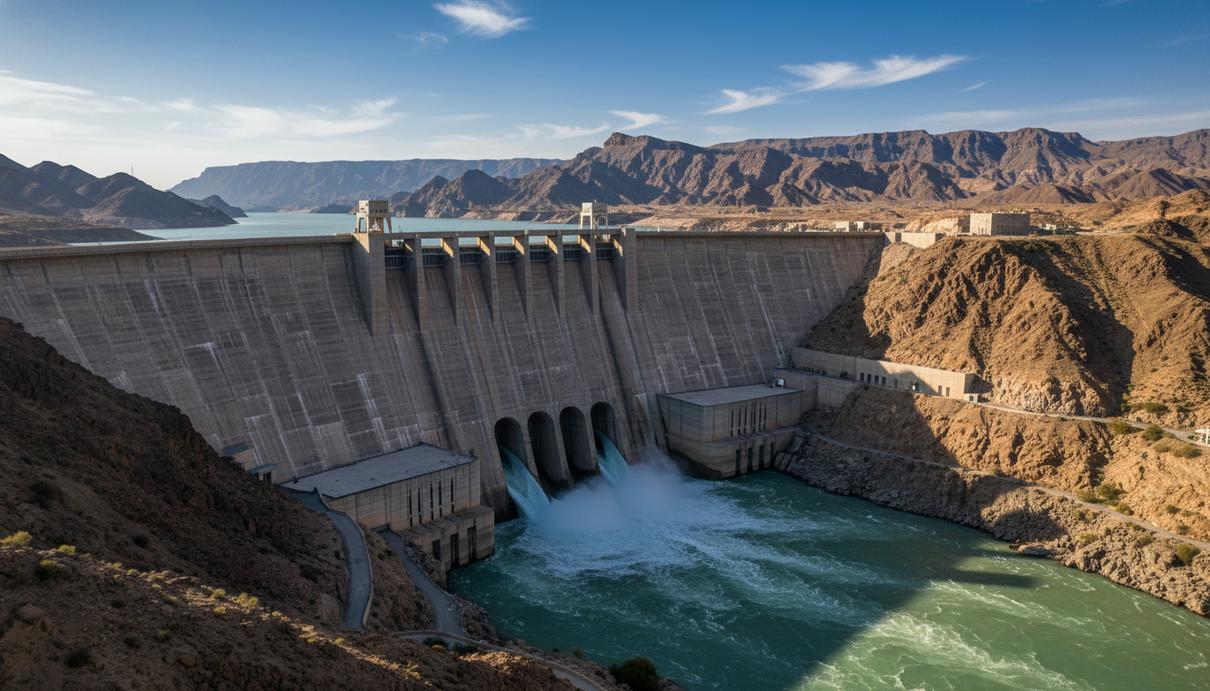 Бетонная плотина на реке Инд среди скалистых гор под ясным небом