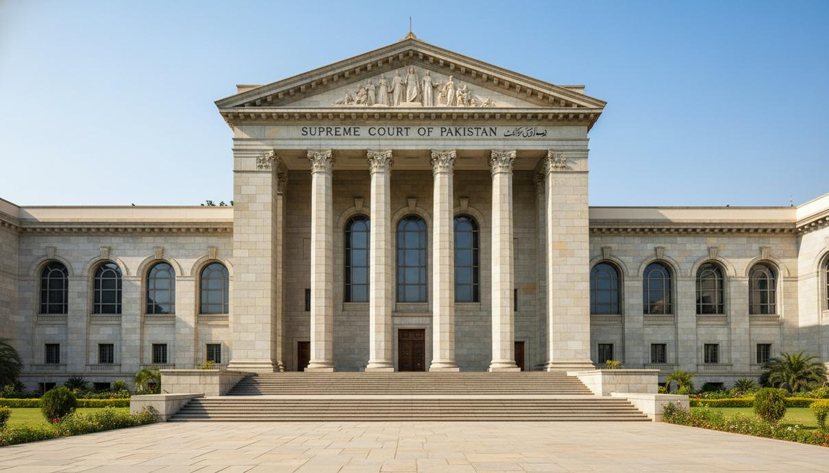 Вид на фасад здания Верховного суда Пакистана в Исламабаде с колоннами в дневное время