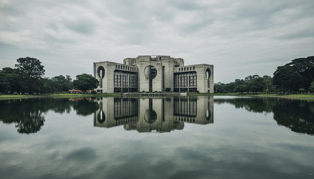 Бангладеш перед выбором: запрет «Авами лиг» и испытание для демократии Здание Национального парламента Бангладеш в Дакке с отражением в воде на фоне пасмурного неба