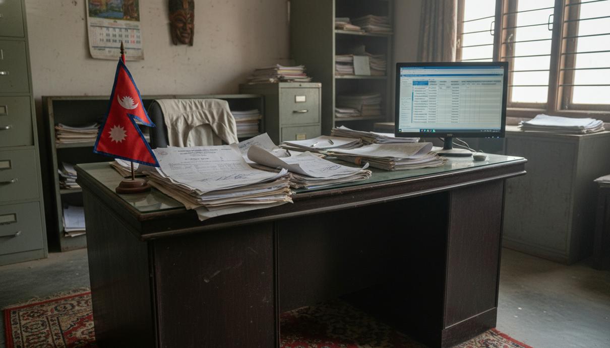 Рабочий стол с государственным флагом Непала, стопками официальных документов и монитором компьютера.