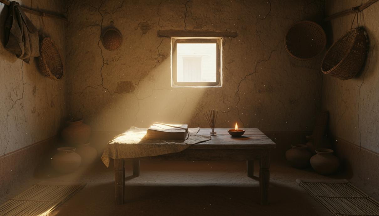 Скромная комната в сельском индийском доме с книгой на деревянном столе в лучах солнечного света.