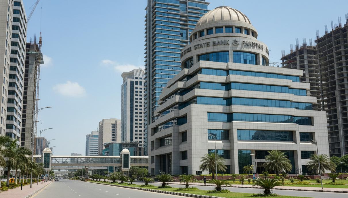 Экономика Пакистана переходит от кризиса к стабильности: итоги выплат ОАЭ Фасад современного здания государственного банка и офисные небоскребы в деловом квартале города.