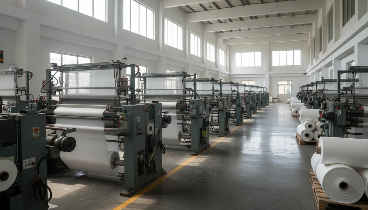 Современный цех текстильной фабрики с рядами ткацких станков и рулонами белого полотна