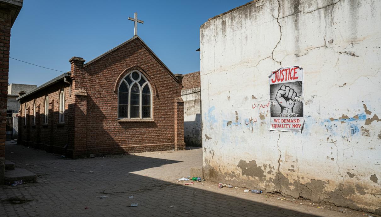 Вердикт о браке несовершеннолетней христианки вызвал протесты в Пакистане Улица в пакистанском квартале с видом на кирпичное здание церкви и протестный плакат на стене.