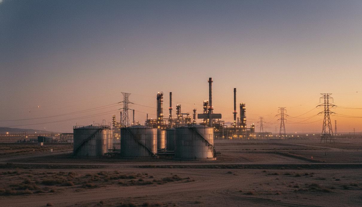 Пакистан призывает к миру: почему деэскалация на Ближнем Востоке жизненно важна Нефтеперерабатывающий завод и резервуары в пустыне на фоне заходящего солнца и линий электропередач