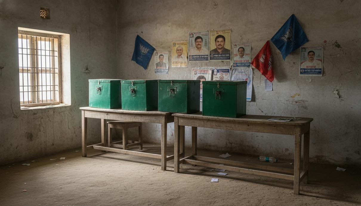 Региональные выборы в Индии: тест на прочность перед национальным циклом 2029 года Интерьер пустого избирательного участка в индийской деревне с ящиками для голосования и плакатами.