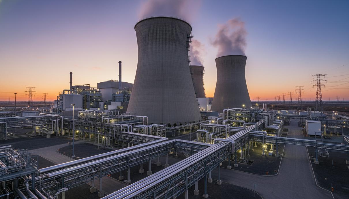 Промышленный фасад атомной электростанции с бетонным куполом реактора и стальными конструкциями.