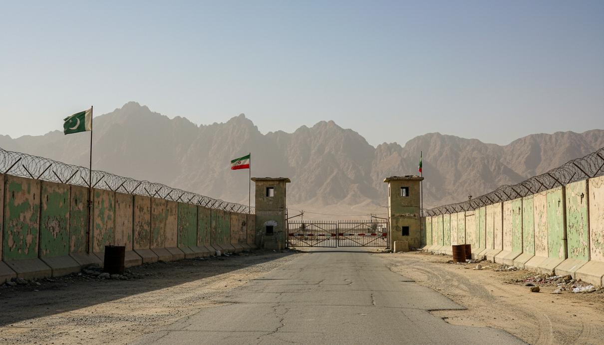 Дипломатический маневр Исламабада: пакистанское посредничество между США и Ираном Пустынный пограничный переход между Пакистаном и Ираном с бетонными заграждениями на фоне скалистых гор