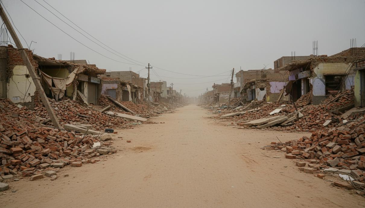Доклад King’s College London: в Индии зафиксированы преступления против человечности Руины снесенных кирпичных зданий и строительный мусор на пустой улице в индийском квартале.