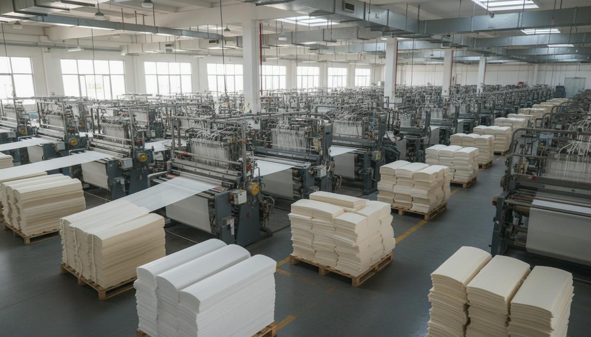 Промышленный интерьер пакистанской текстильной фабрики с рядами ткацких станков и готовой продукцией.