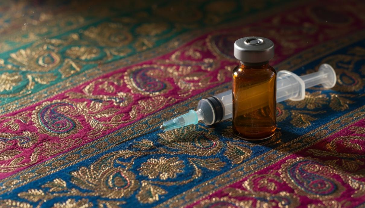 Фармацевтический стандарт красоты: влияние оземпика на брачный рынок Индии Стеклянный шприц и флакон с лекарством на традиционной индийской шелковой ткани с золотой вышивкой.