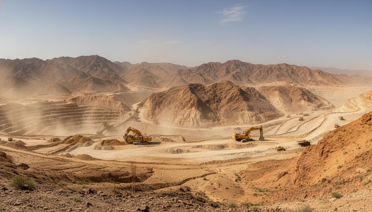Промышленная площадка месторождения Реко Дик с тяжелой техникой в горном районе Белуджистана.