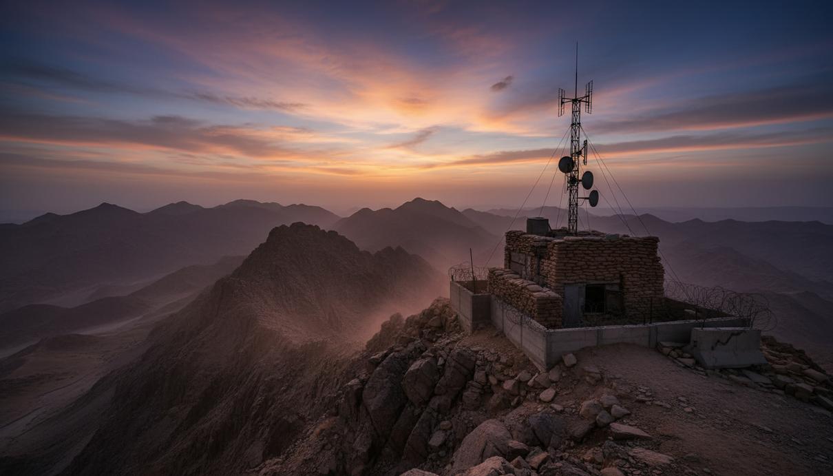 Смена тактики в Пакистане: снижение числа жертв и новые вызовы безопасности Военный наблюдательный пункт с антенной и укреплениями в пустынной горной местности.