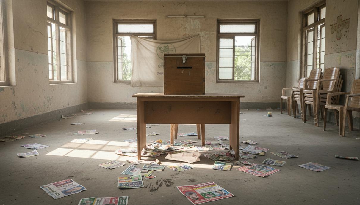 Политика смены поколений: почему успех молодежи в Непале не повторился в Бангладеш Деревянный ящик для голосования на столе в пустом помещении с разбросанными на полу листовками