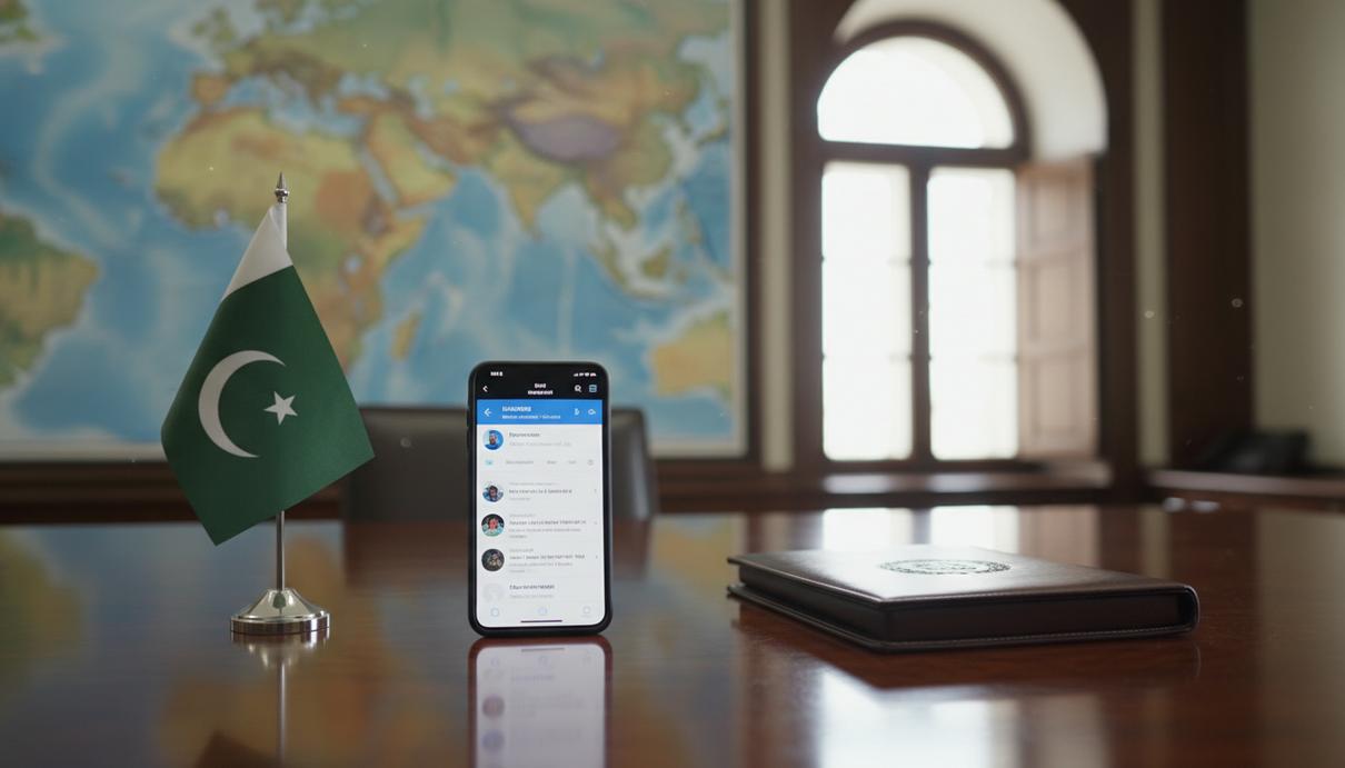 Пакистанский черновик: роль Исламабада в деэскалации между Вашингтоном и Тегераном Смартфон на рабочем столе рядом с настольным флагом Пакистана и картой Ближнего Востока