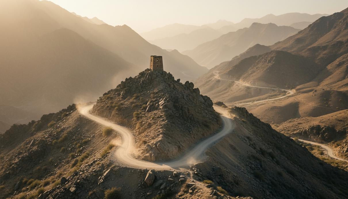 Террористический альянс в Хайбере: радикальные группы объединяются против Исламабада Горный пейзаж с каменистыми склонами, грунтовой дорогой и каменной сторожевой башней на гребне.