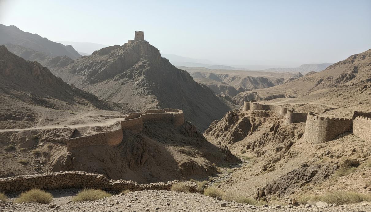Горный пейзаж в районе Хайберского прохода с извилистой дорогой и военной наблюдательной вышкой на скале.