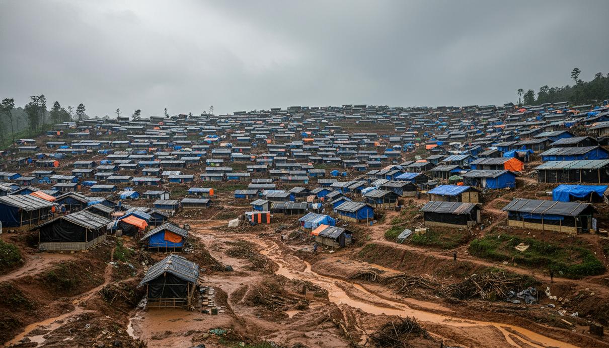 Без гражданства и поддержки: как сокращение помощи бьет по беженцам рохинджа Плотные ряды временных убежищ из бамбука и синего брезента на размытых холмах под пасмурным небом.