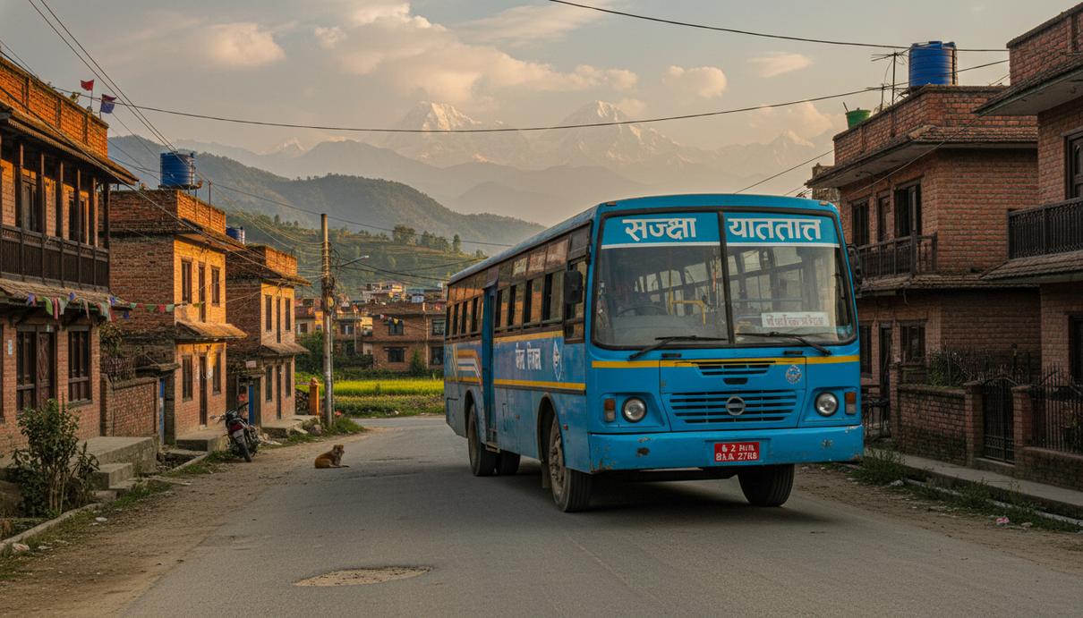Синий общественный автобус на пустой улице в Катманду на фоне предгорий Гималаев